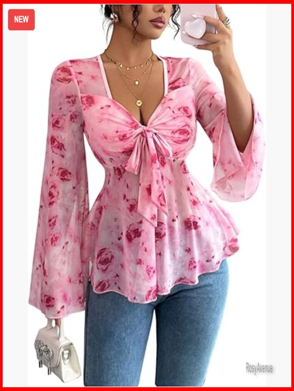 Floral Bow Front Long Bell Sleeve Sheer Blouse Ruffle Hem Peplum Top